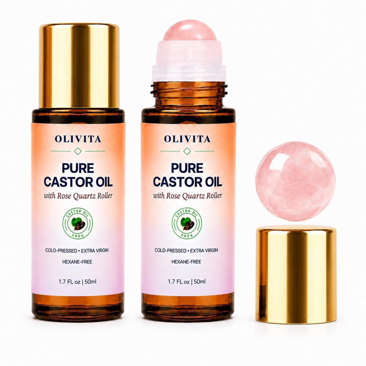 OLIVITA Castor Oil Rose Quartz Roller Ball for Face Brows - OLIVITA Official Imagery - 2