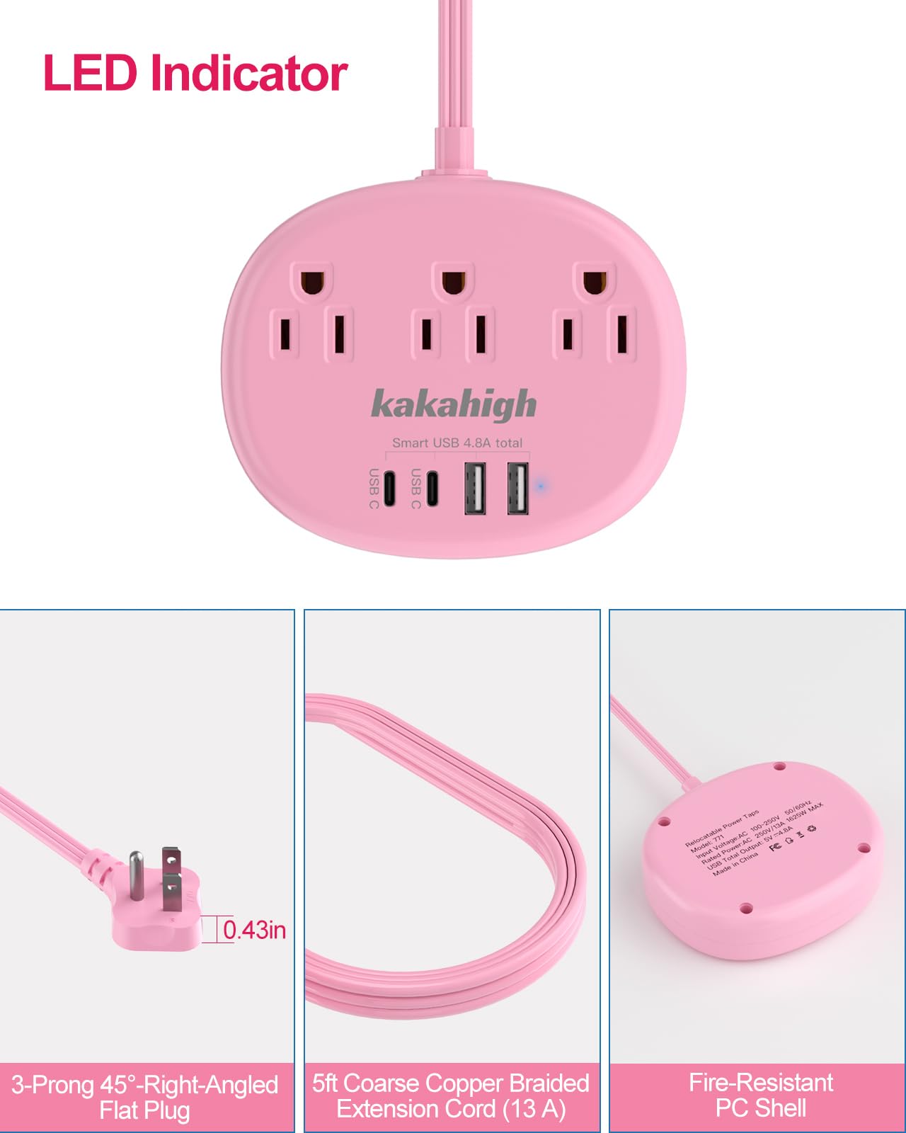 kakahigh Pink Extension Cord with USB C - 5 FT Kawaii Power Strip - kakahigh Official Product View 7