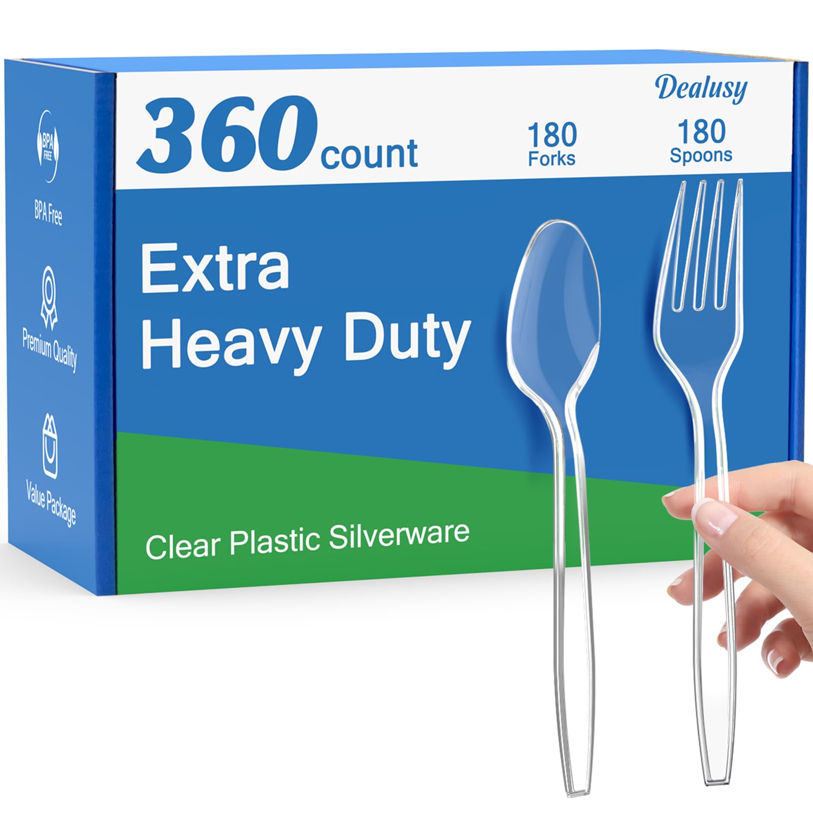 Dealusy 360 Count Extra Heavy Duty Clear Plastic Forks and Spoons - Product Imagery