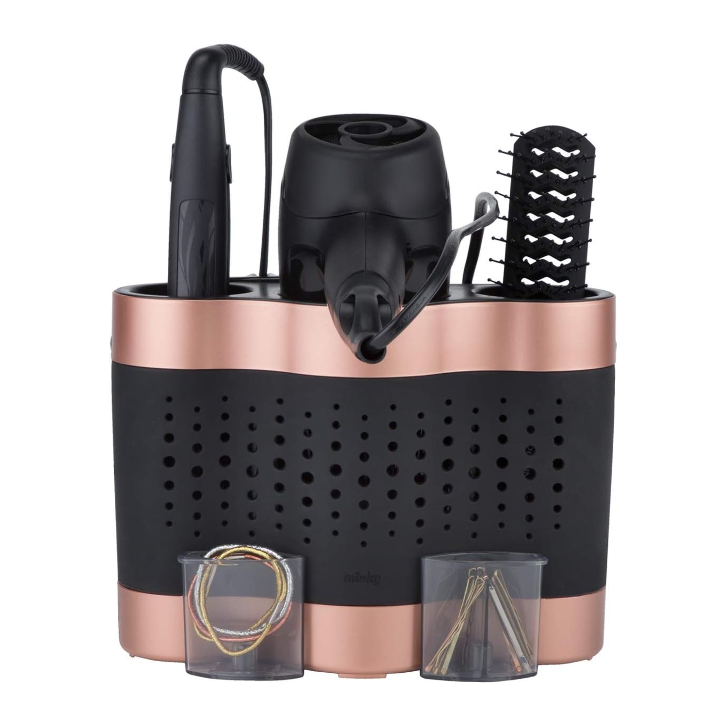 Minky silicone hair tool storage dock in rose gold and black, holding hair dryer and styling tools on a countertop.