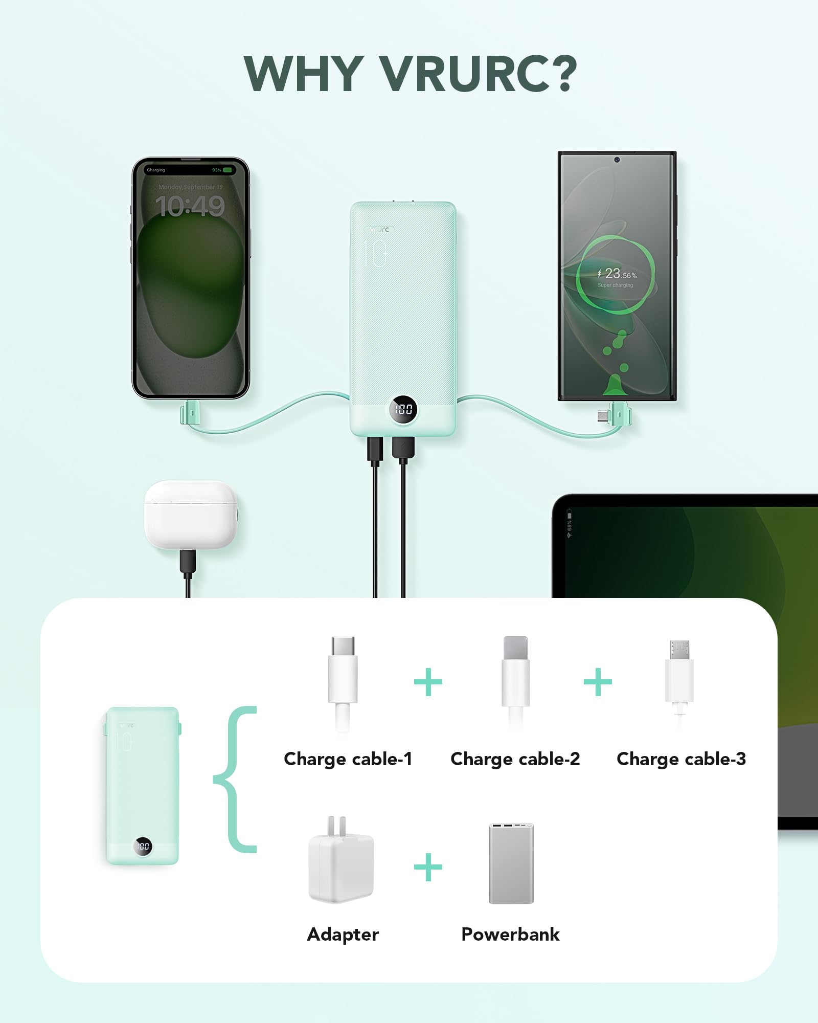 VRURC Portable Charger Built-in Cables and AC Wall Plug, USB C Po by VRURC - Angle View 4