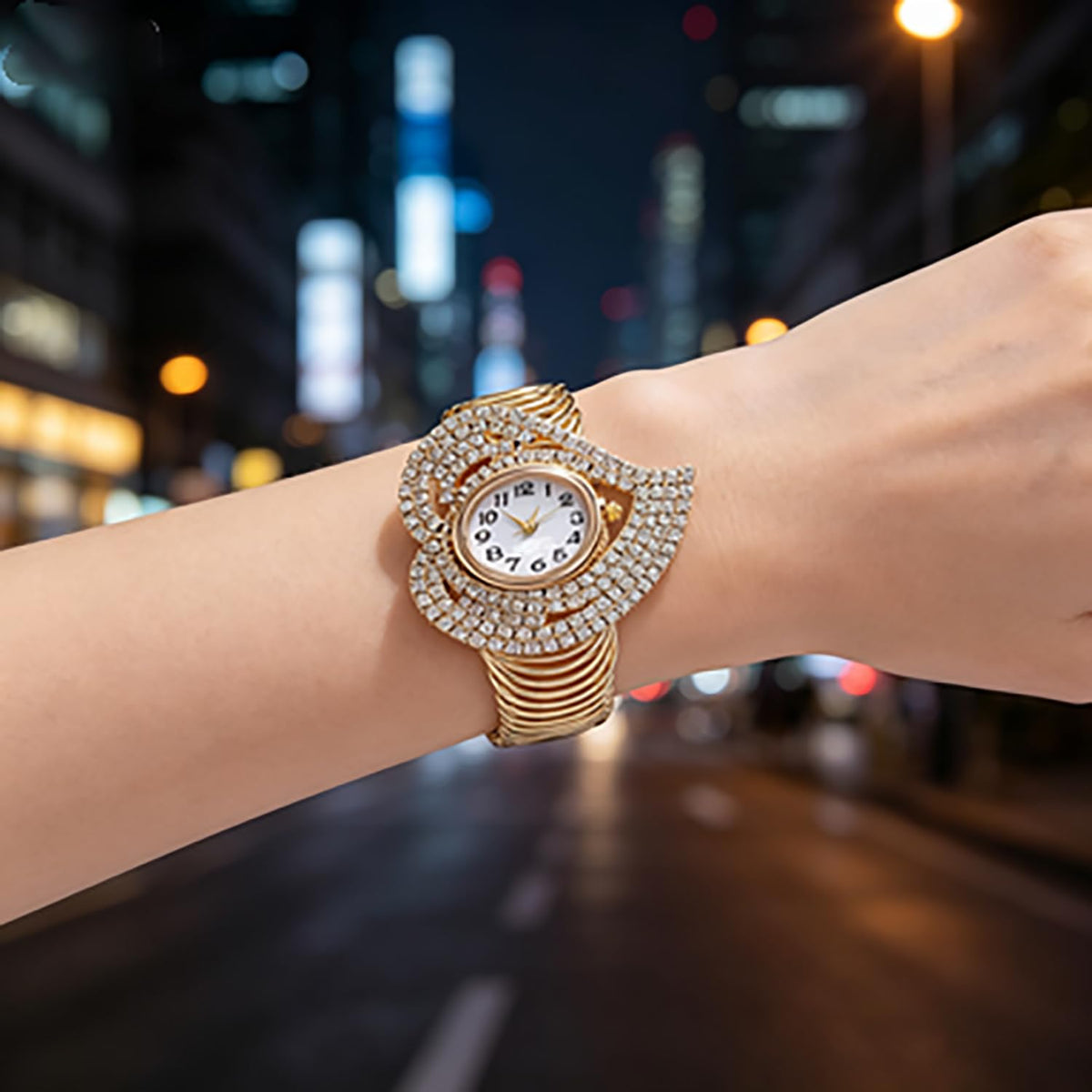Women s Heart Shaped Crystal Bracelet Watch Gold Toned Cuffs - VILKFY Official Imagery - 8