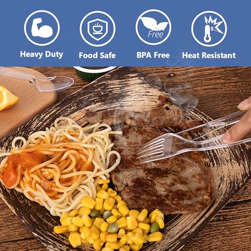 SACATR 100 Count Clear Plastic Silverware Heavy Duty -50 Forks, - Product Imagery