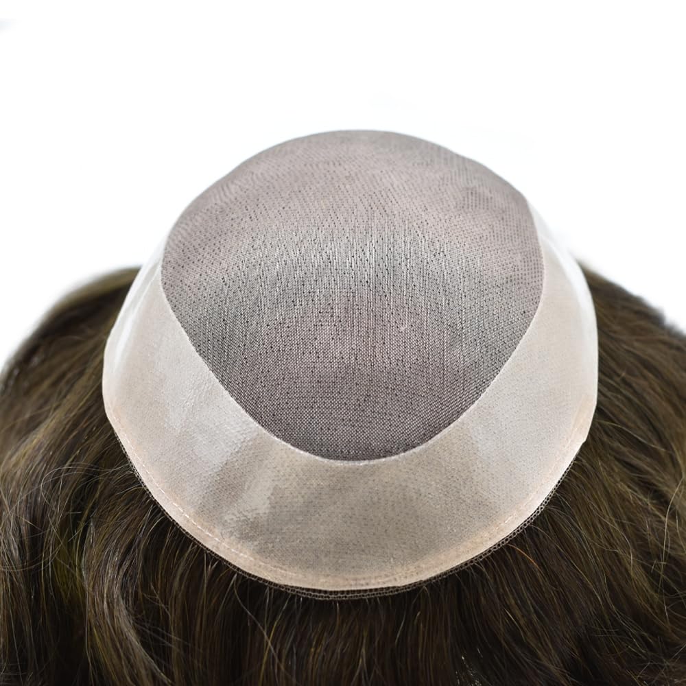 Curve Hair Mens Toupee Human Hair Piece Replacement System Monofilament Wig Hair Unit for Men Durable Poly Coated Mens Hairpiece (#6 Light Brown, 6"X8")