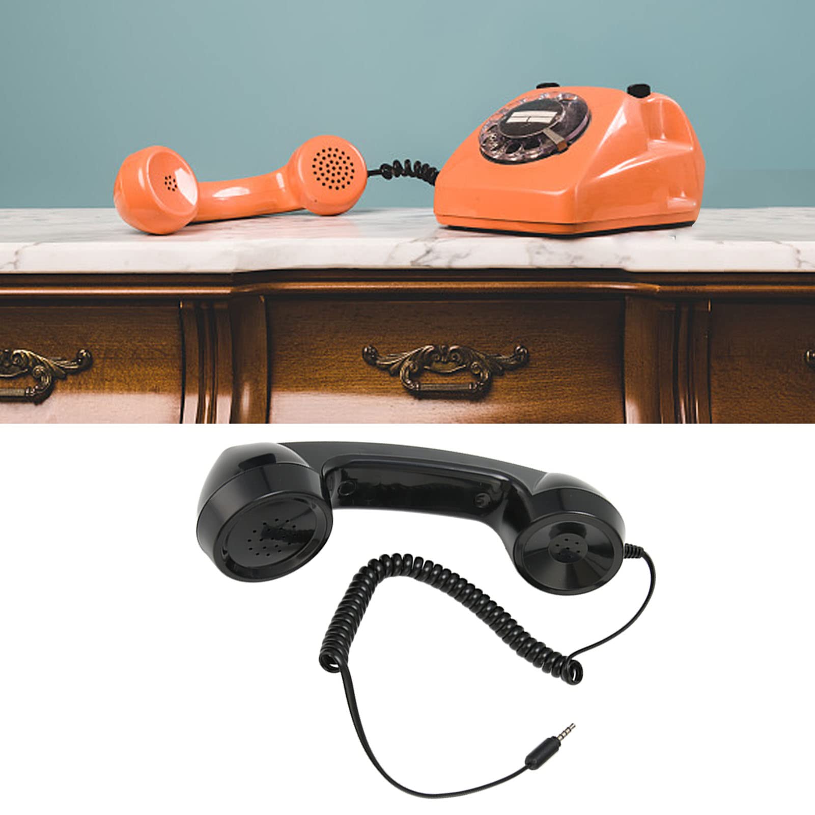 Black retro handset phone by Heayzoki with 3.5mm connector, radiation-proof handheld receiver for mobile phones and computers.