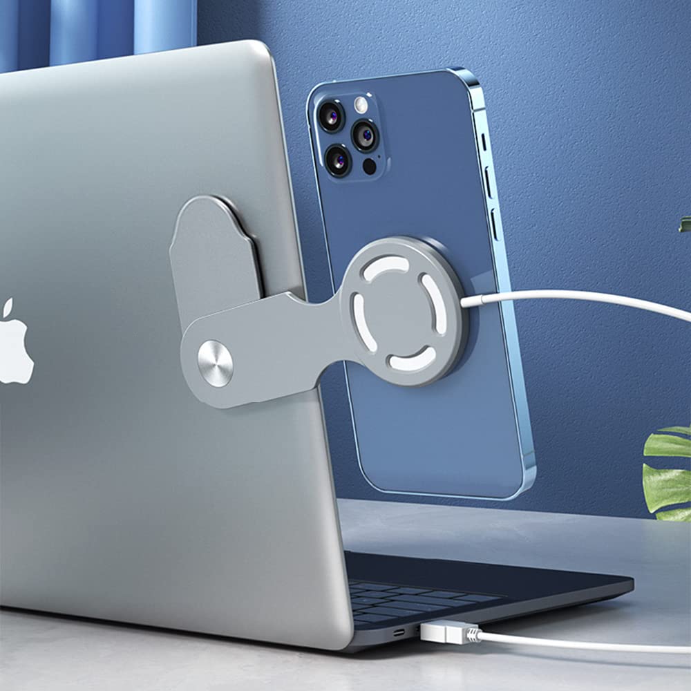 Black and grey 2-pack laptop and phone holder set by 4every, foldable portable electronic device stand with 3M adhesive for MacBook and iPhone.