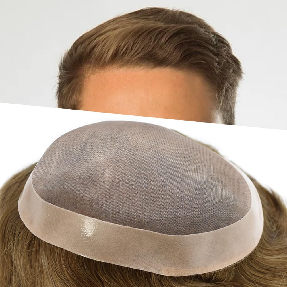 Curve Hair Mens Toupee Human Hair Piece Replacement System Monofilament Wig Hair Unit for Men Durable Poly Coated Mens Hairpiece (#720 Very Light Brown+20% Gray, 7"X9")