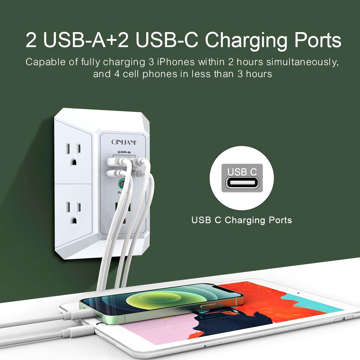 Surge Protector, QINLIANF 5 Outlet Extender with 4 USB Ports by QINLIANF - Angle View 2