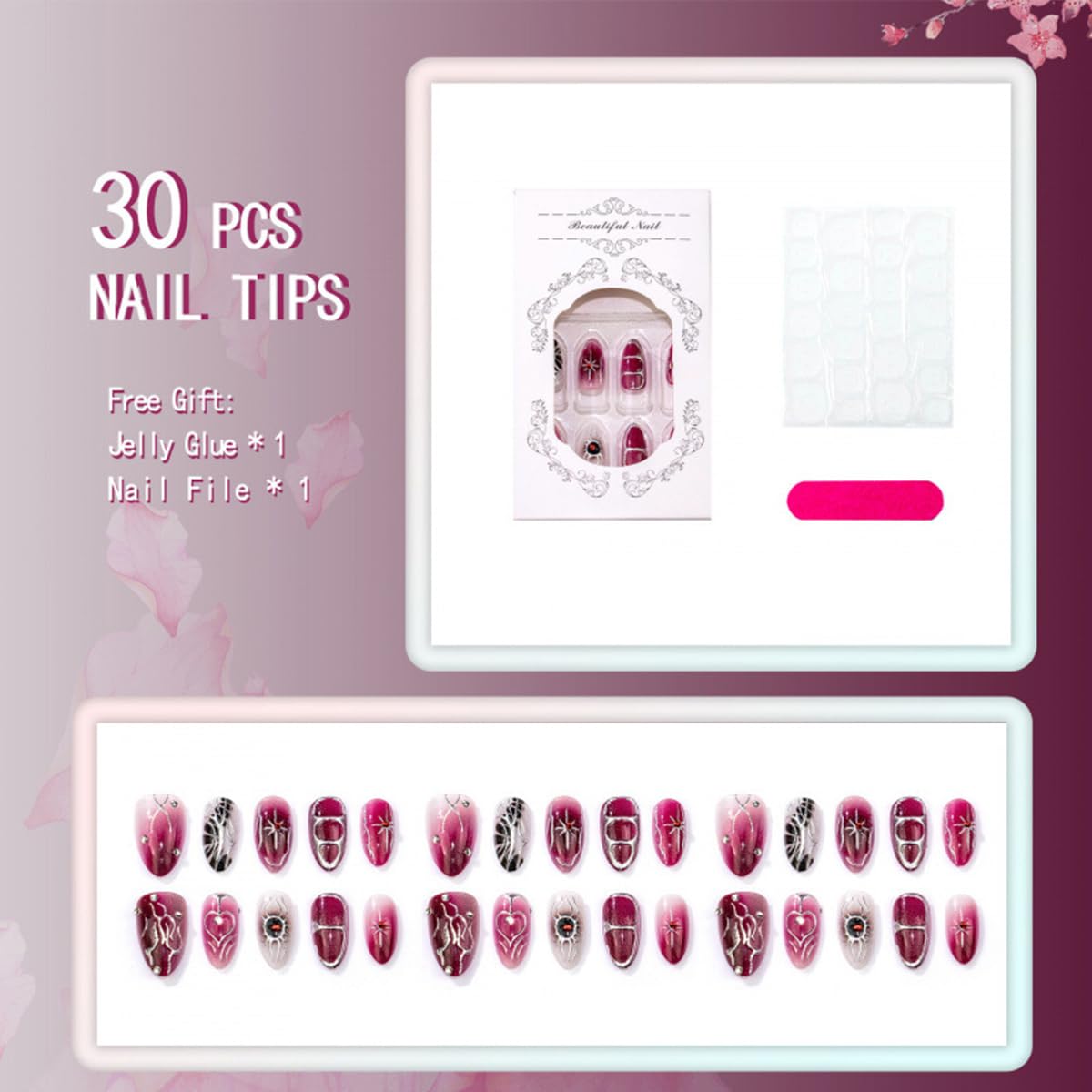 Medium almond dark purple Gothic press-on false nails with silver star rhinestone design, glossy acrylic full cover nails for women.