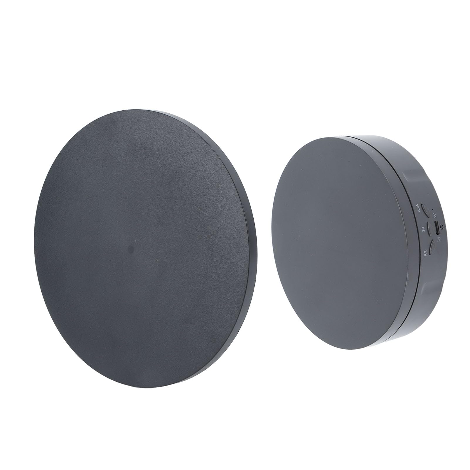 Black electric rotating jewelry display tray with remote control, 360-degree rotation, adjustable speed, ideal for live streaming and photography.