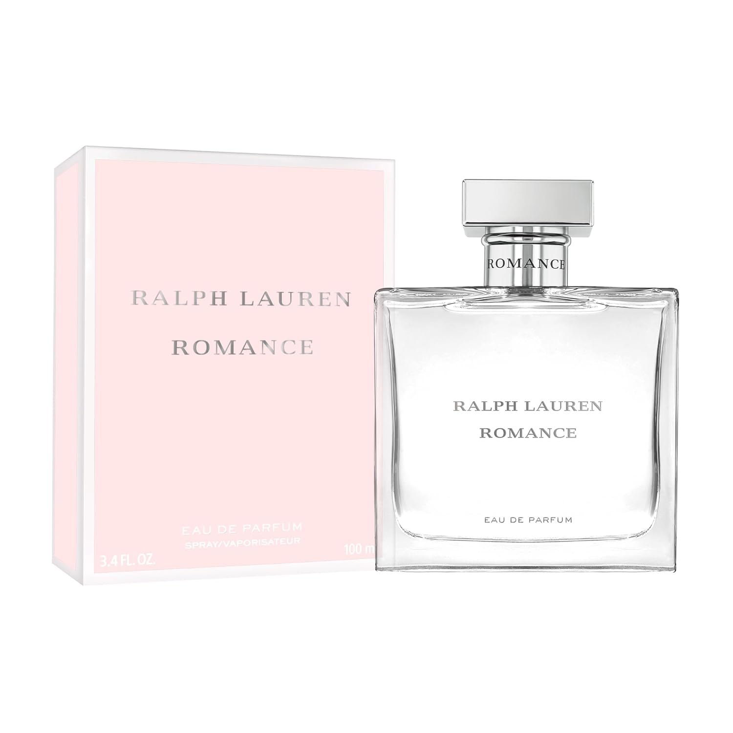 Ralph Lauren Fragrances Romance Eau de Parfum bottle for women, elegant glass perfume bottle with floral design