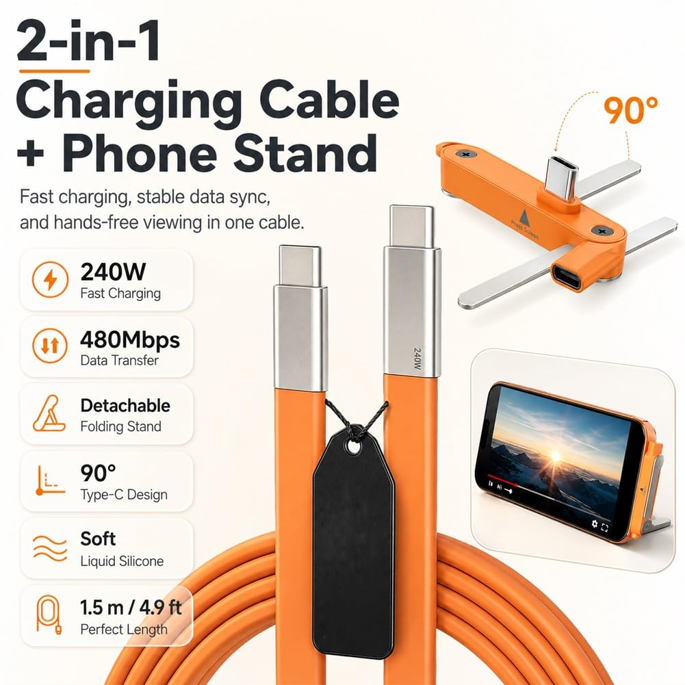 Phone Charger 240W Silicone Cable with 2 in 1 Detachable Stand 480Mbps Data Transfer Speed 90° Angle Universal Type-C for Smartphone Tablet Laptop