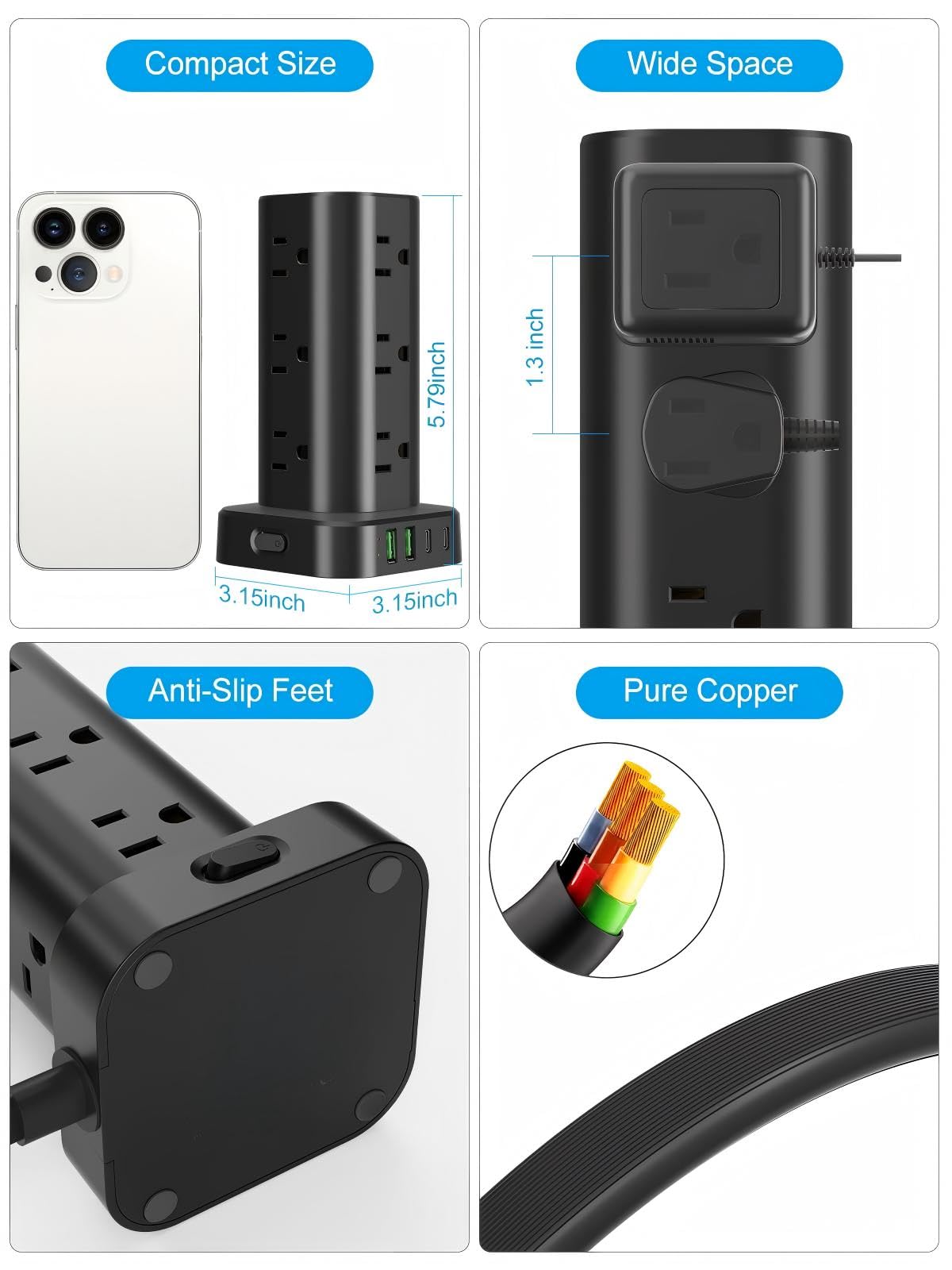 6FT Power Strip Tower with Wireless Charger Surge Protector - UWIWUTEI Official Imagery - 8