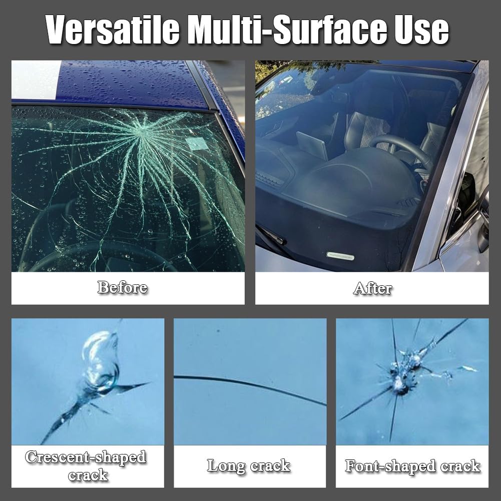Two-piece windshield crack repair kit with glass repair liquid for fixing chips and cracks on windshields, windows, and mirrors.