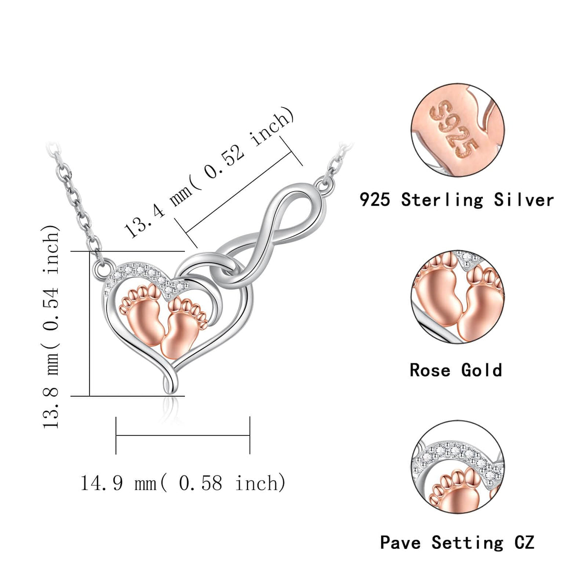 925 Sterling Silver Infinity Heart Little Feet Necklace for - sagrence Official Imagery - 7