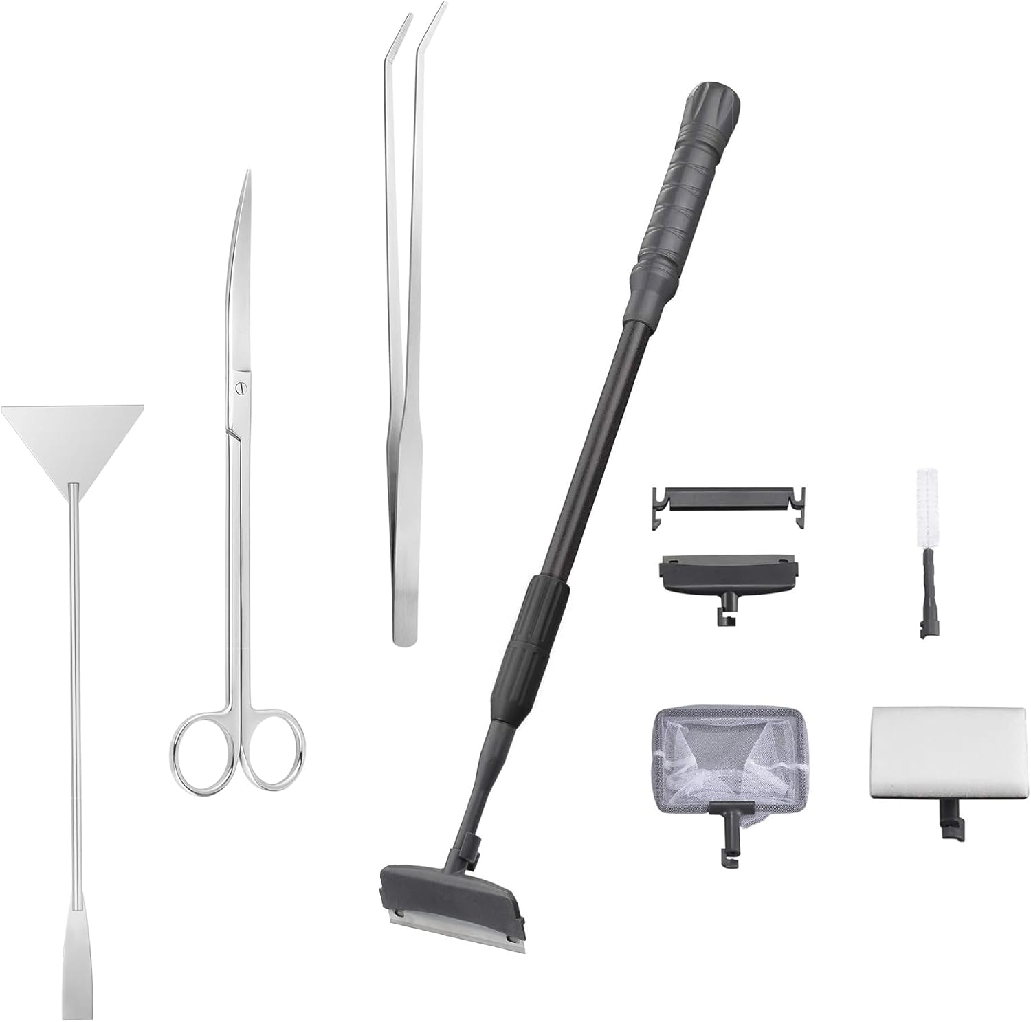 Carefree Fish 7-in-1 aquarium cleaning tools set with algae scraper, scrub brushes, plant scissors, long tweezers, and adjustable handle