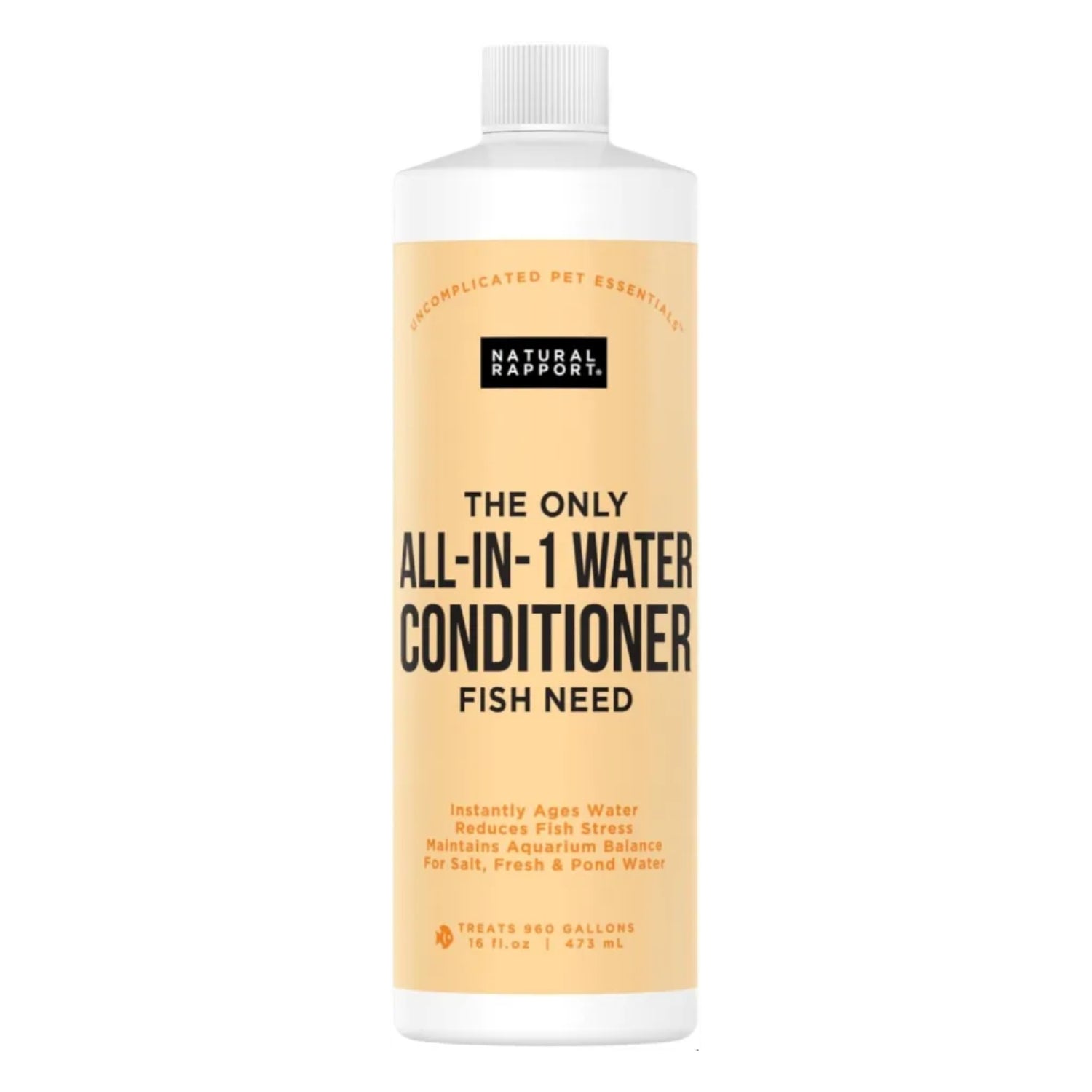 Natural Rapport Aquarium Water Conditioner bottle, naturally detoxifies and removes ammonia to keep fish healthy in freshwater tanks.