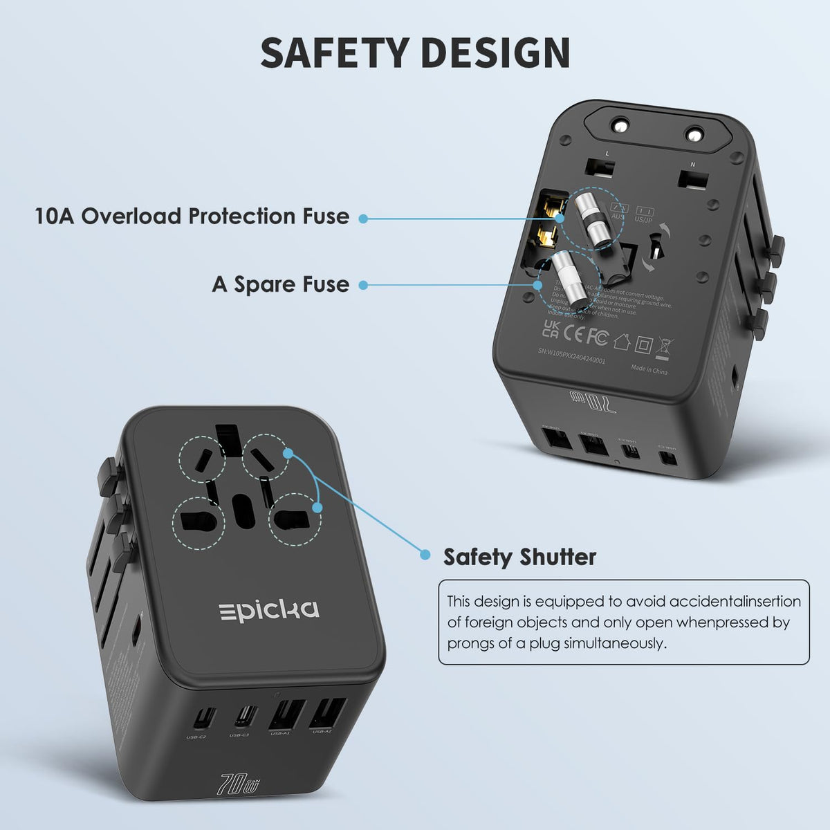 Epicka 70W GaN PD Universal Travel Adapter 3USB C 2USB A - EPICKA Official Imagery - 7