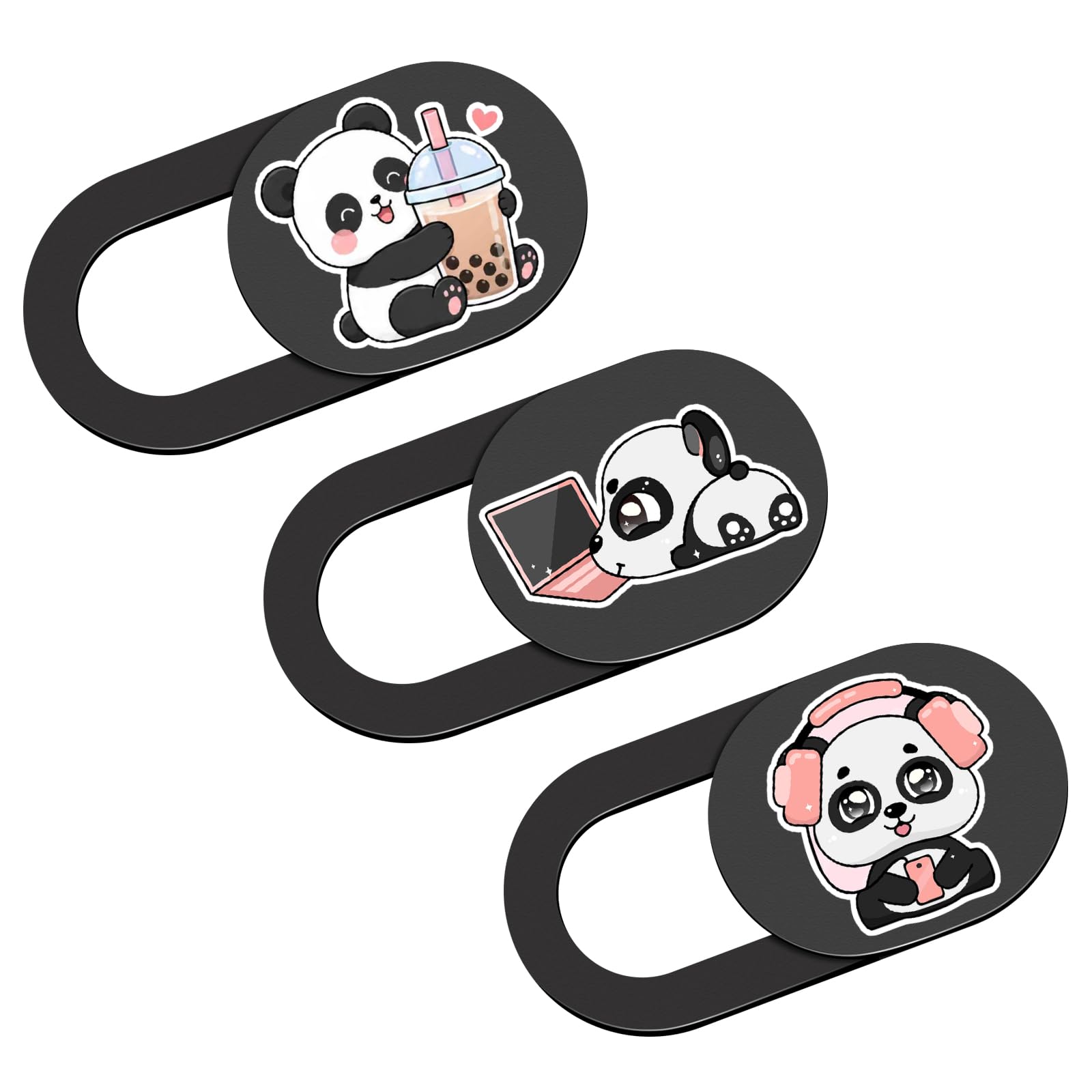 Three ultra-thin panda-shaped laptop camera covers by HKDGYHON, privacy webcam blockers for MacBook, laptops, tablets, and phones.