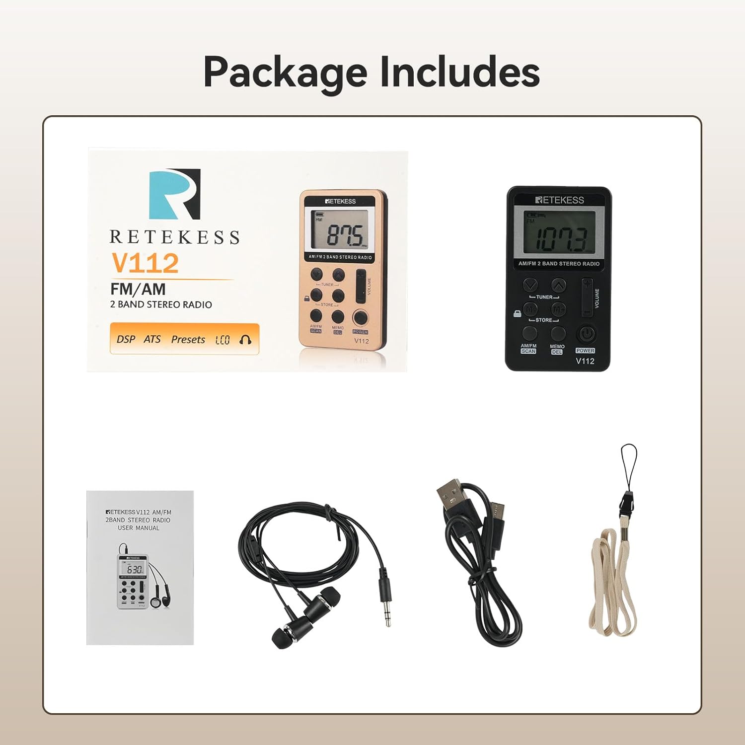 Retekess V112 AM FM pocket radio with LCD display, earphone, rechargeable battery, black color, suitable for walking and jogging.