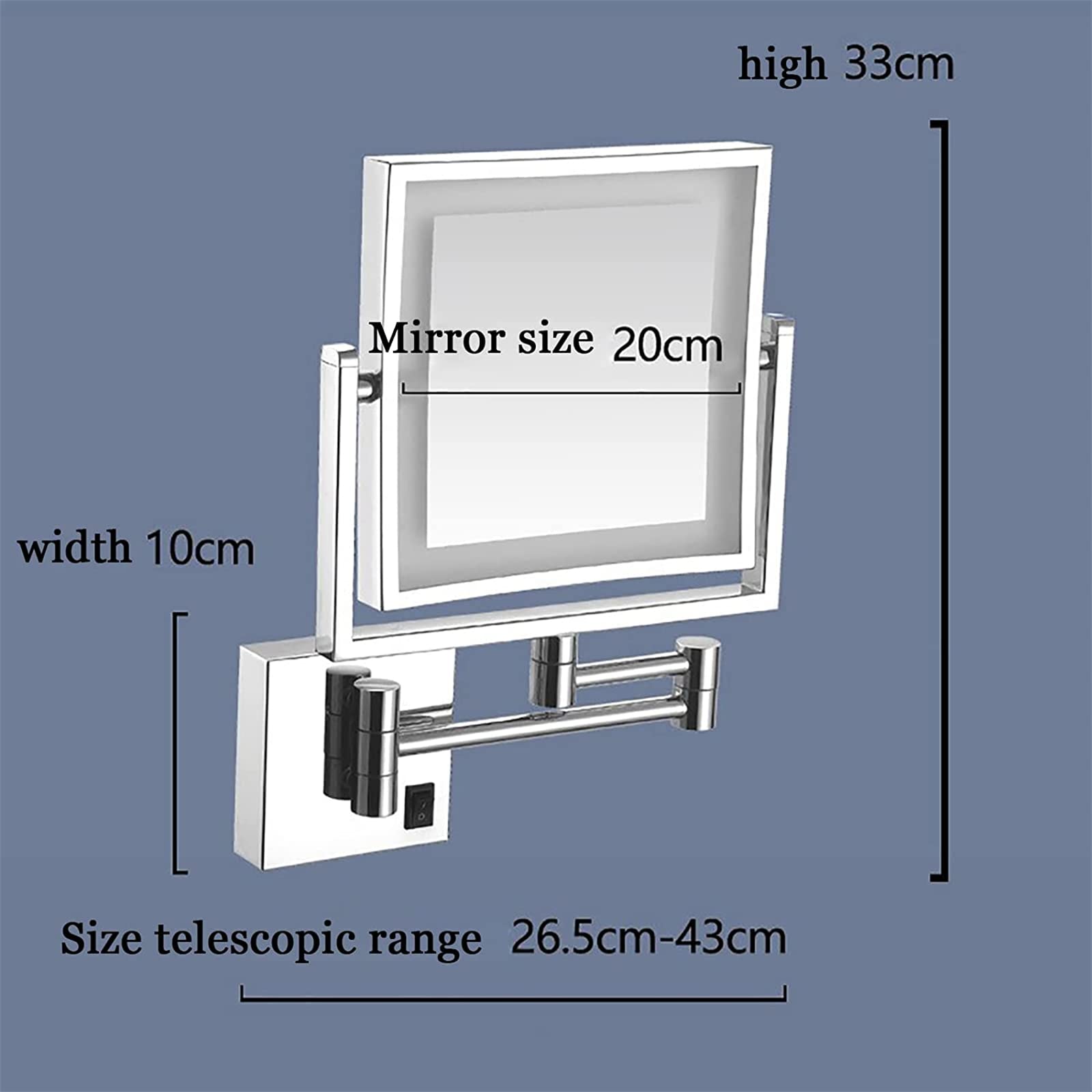 Wall-mounted brass LED makeup mirror with 360° rotation, double-sided 1x/3x magnification, illuminated for detailed grooming.