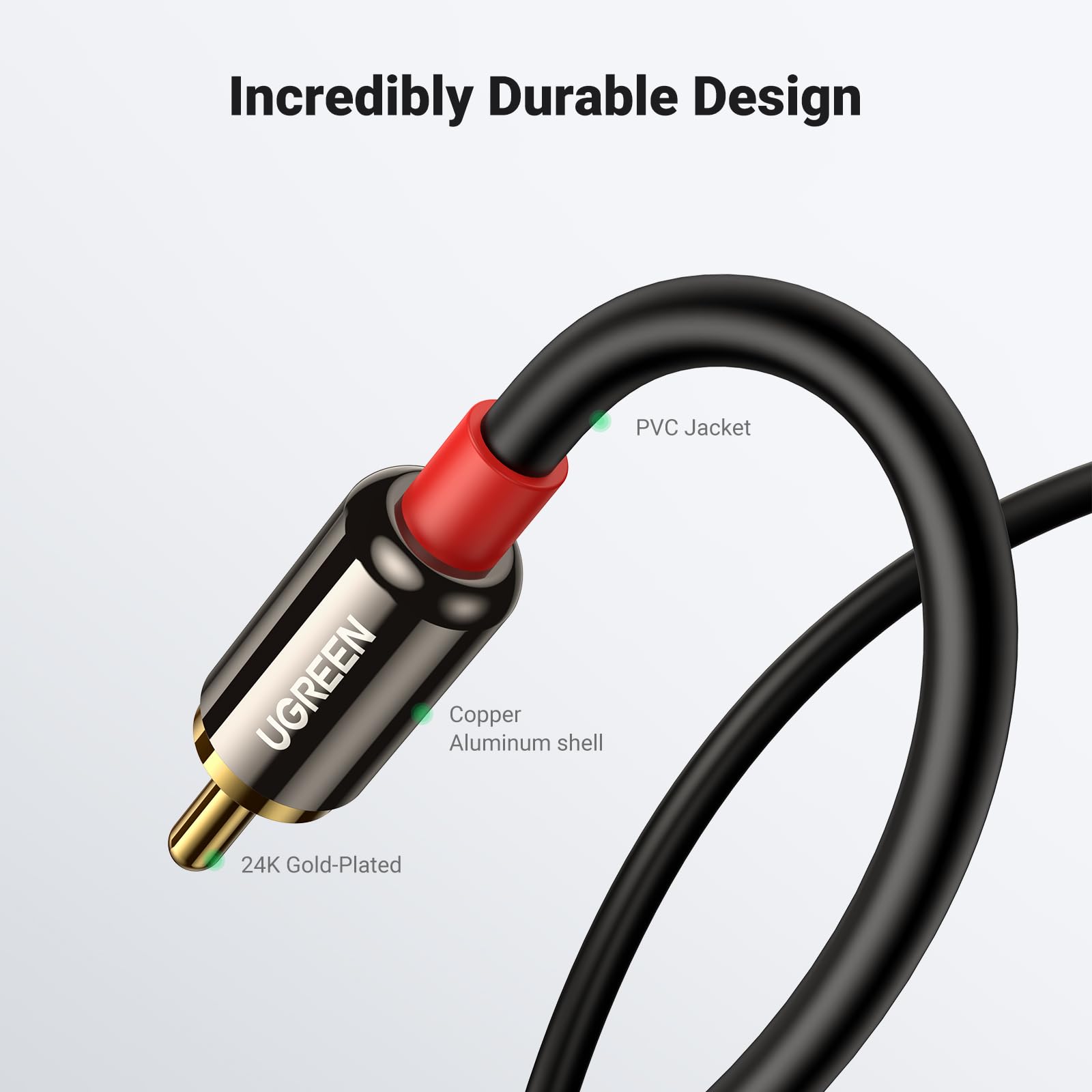 UGREEN 3.5mm to RCA audio cable, 6.6ft, male to RCA connectors for HiFi sound, electronic audio adapter, black cable
