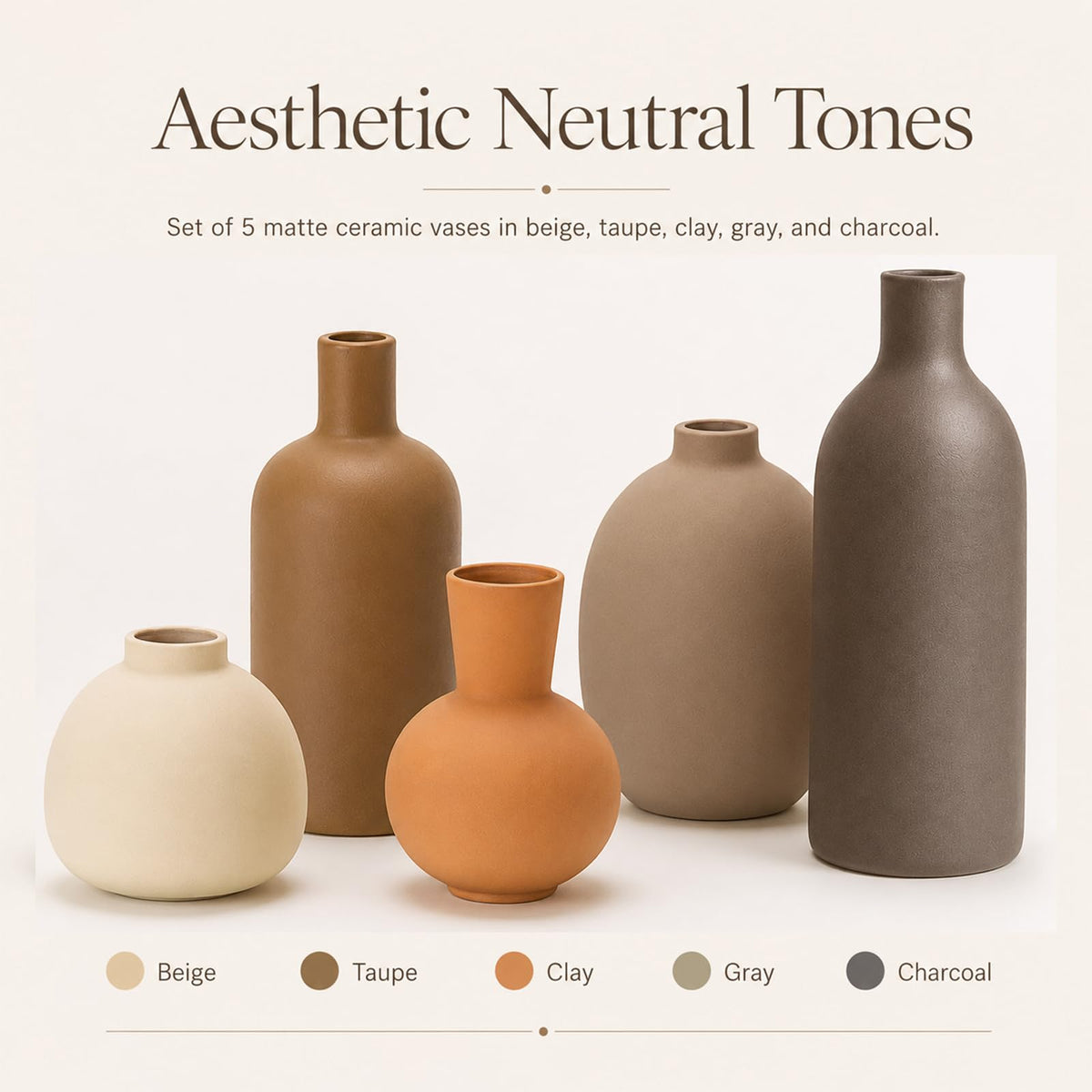 Neutral Ceramic Vase Set 5 Matte Earth Tone Vases for - OLACHIKKO Official Imagery - 6