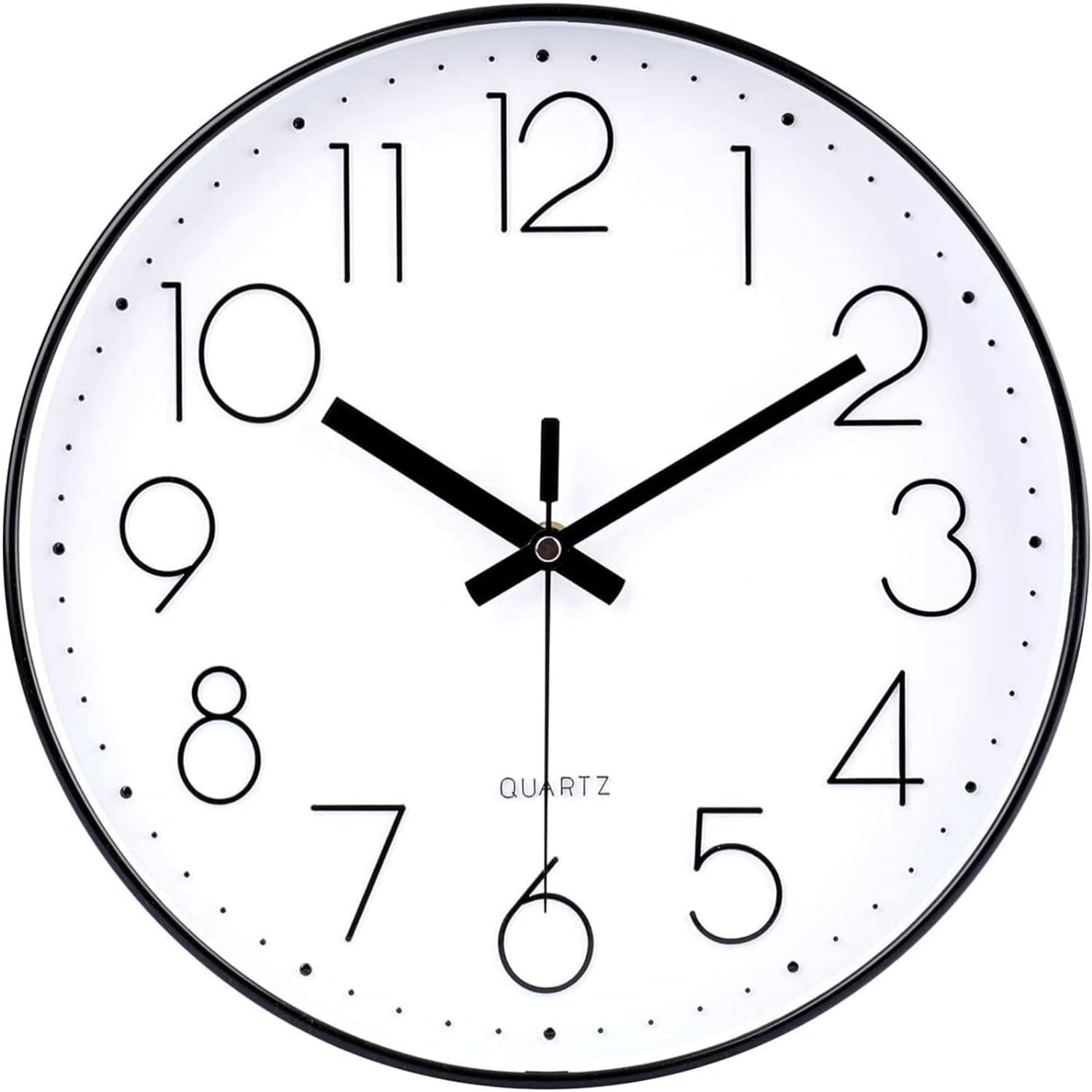 Jomparis 12-inch modern wall clock with silent quartz movement and battery operation, featuring a sleek minimalist design.