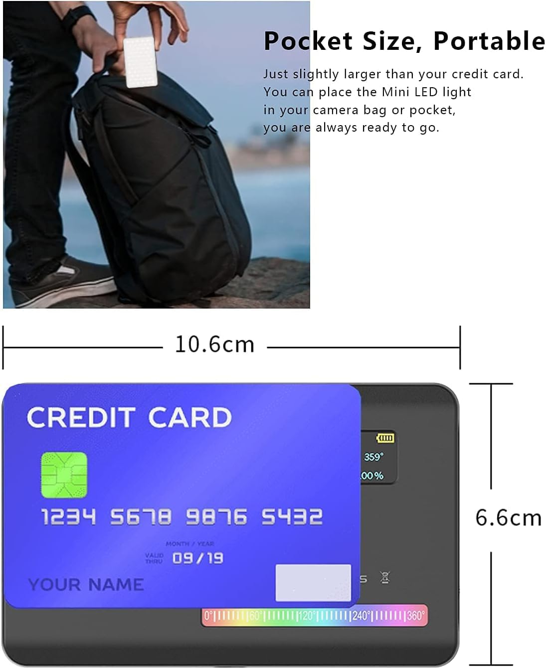 ULANZI VL120 RGB video light with built-in 3100mAh battery, compact pocket LED for on-camera video lighting with adjustable colors.