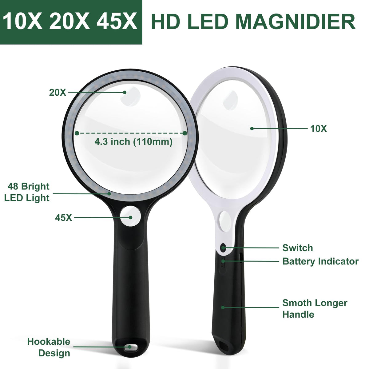 10X 20X 45X Magnifying Glass with 48 LED Light - BASEJKCO Official Imagery - 7