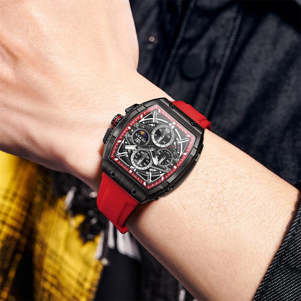 OLEVS Men's Square Chronograph Watch – Red Silicone