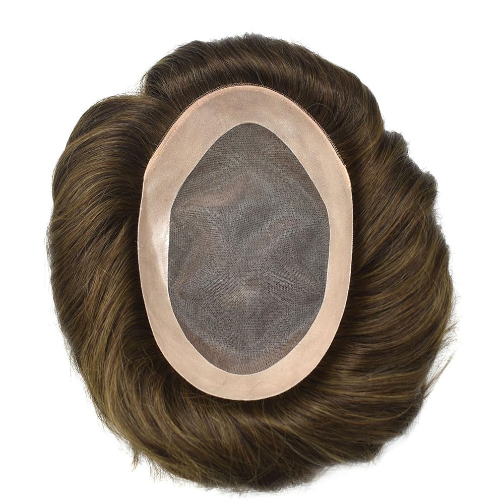 Curve Hair Mens Toupee Human Hair Piece Replacement System Monofilament Wig Hair Unit for Men Durable Poly Coated Mens Hairpiece (#410 Medium Brown+10% Gray, 7"X10")