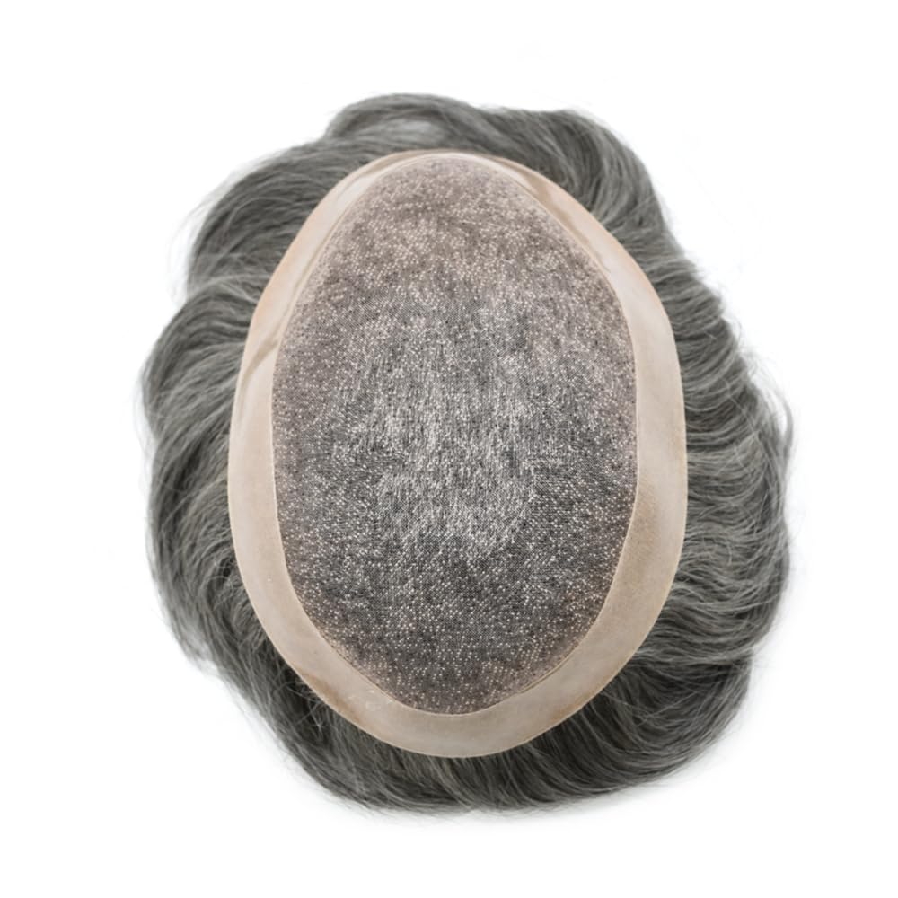 Curve Hair Mens Toupee Human Hair Piece Replacement System Monofilament Wig Hair Unit for Men Durable Poly Coated Mens Hairpiece (#1B60 Off Black+60% Gray, 7"X10")