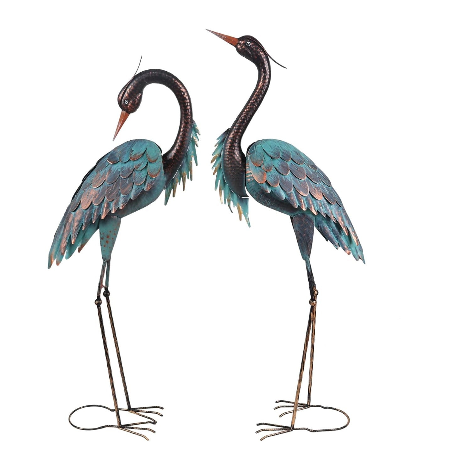Set of two large YEAHOME metal heron garden statues, 40 and 37 inches tall, ideal for outdoor yard decoration.