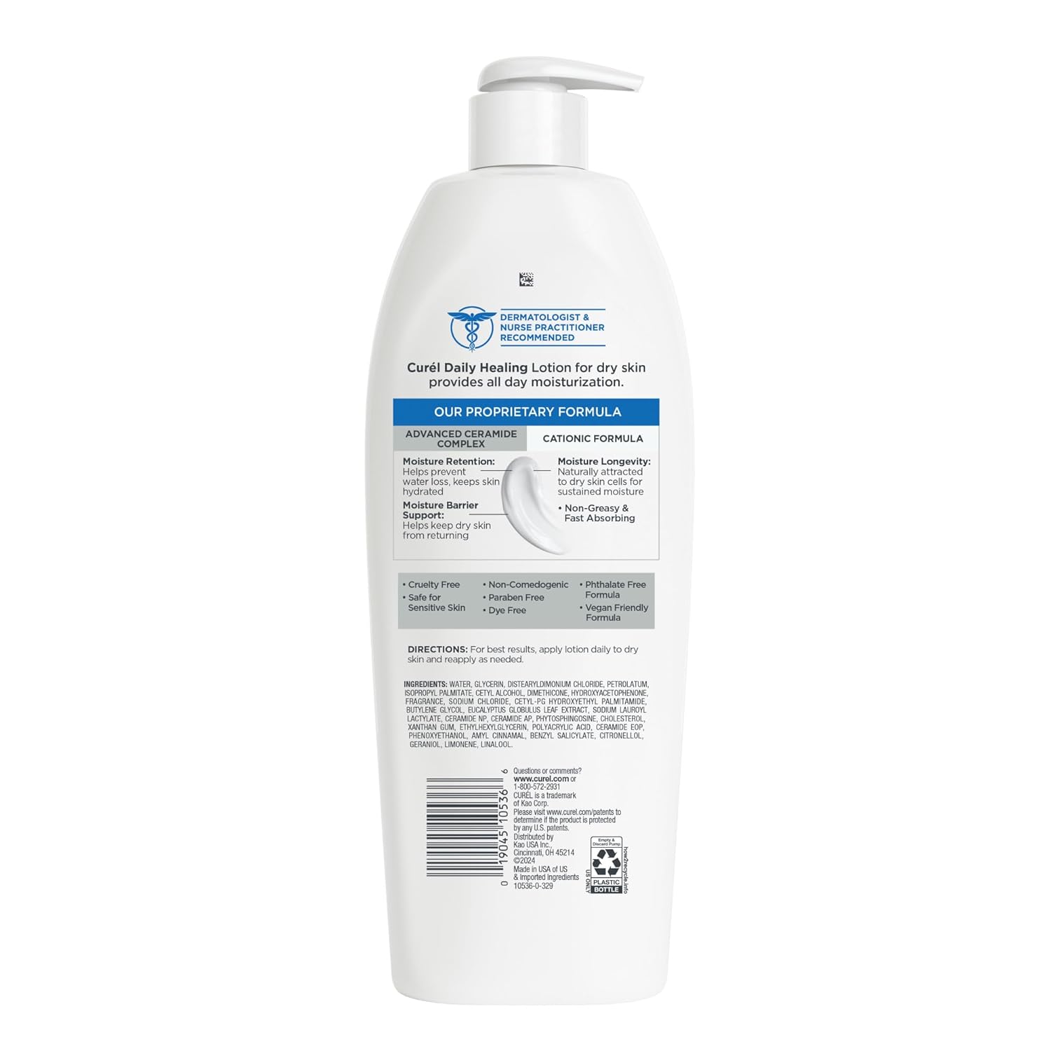 Curel Daily Healing Body Lotion for dry skin in a 20 oz bottle, dermatologist recommended, shown in a pack of four bottles.
