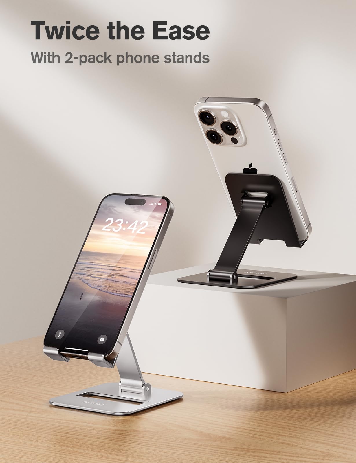 Nulaxy 2 Pack Aluminum Dual Folding Cell Phone Stand for Desk Bla - Nulaxy Official Product View 2