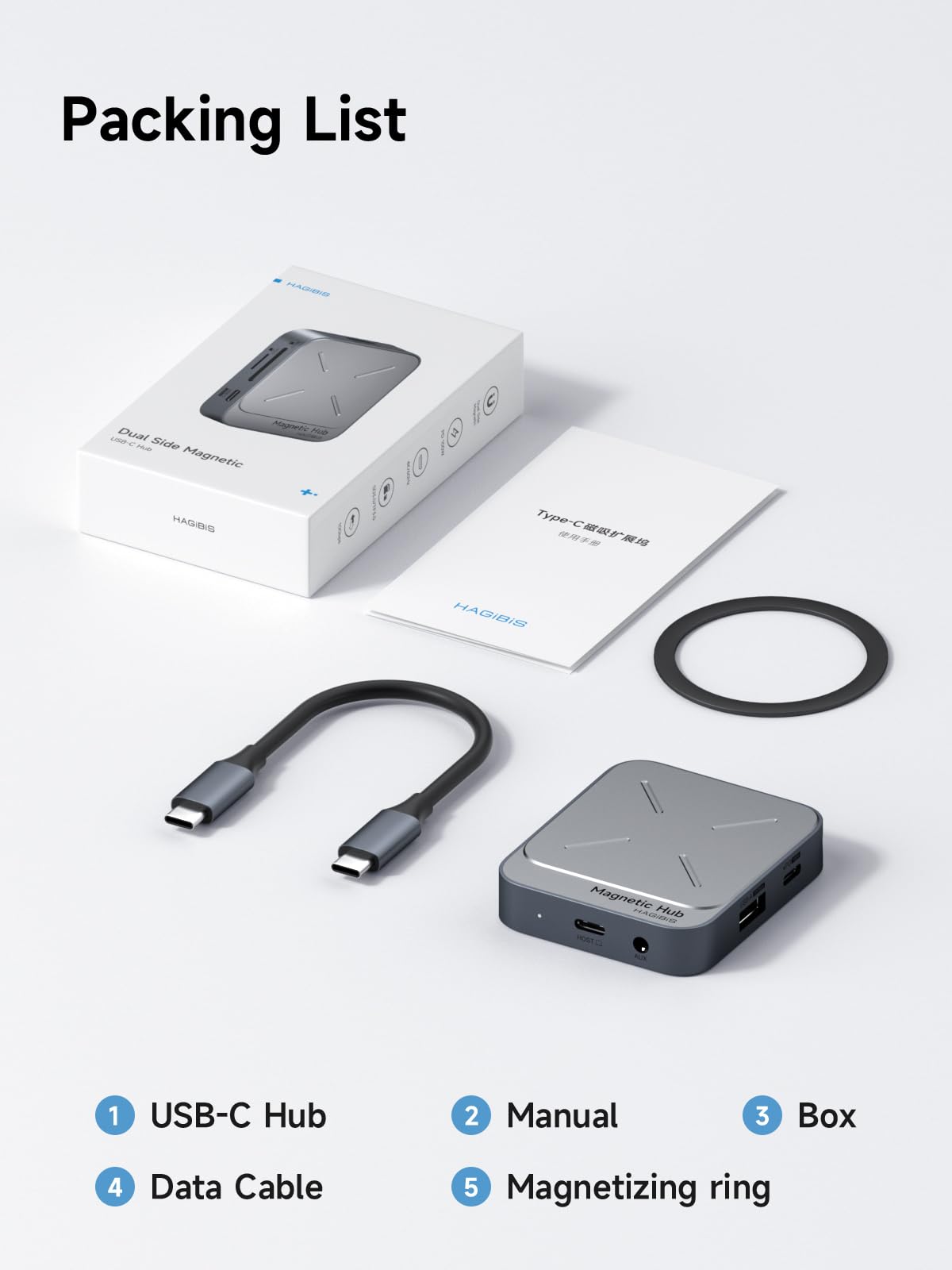 Hagibis 7-in-1 Magnetic USB C Hub with MagSafe attached to a cellular phone case, showing multiple ports and magnetic connection.