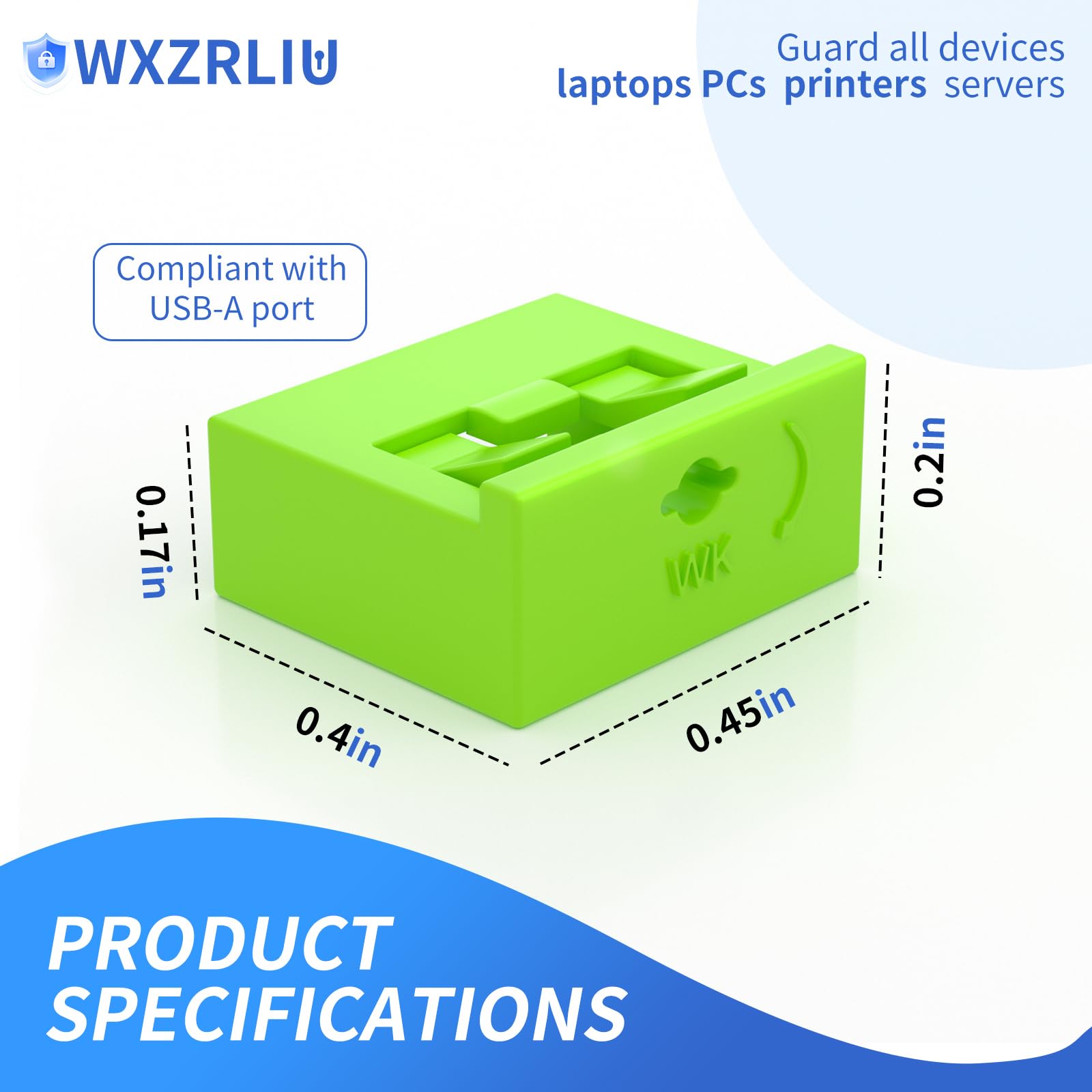 Green USB-A port blockers with removable keys, dust and moisture resistant shields, ideal for laptops, PCs, and gaming devices.