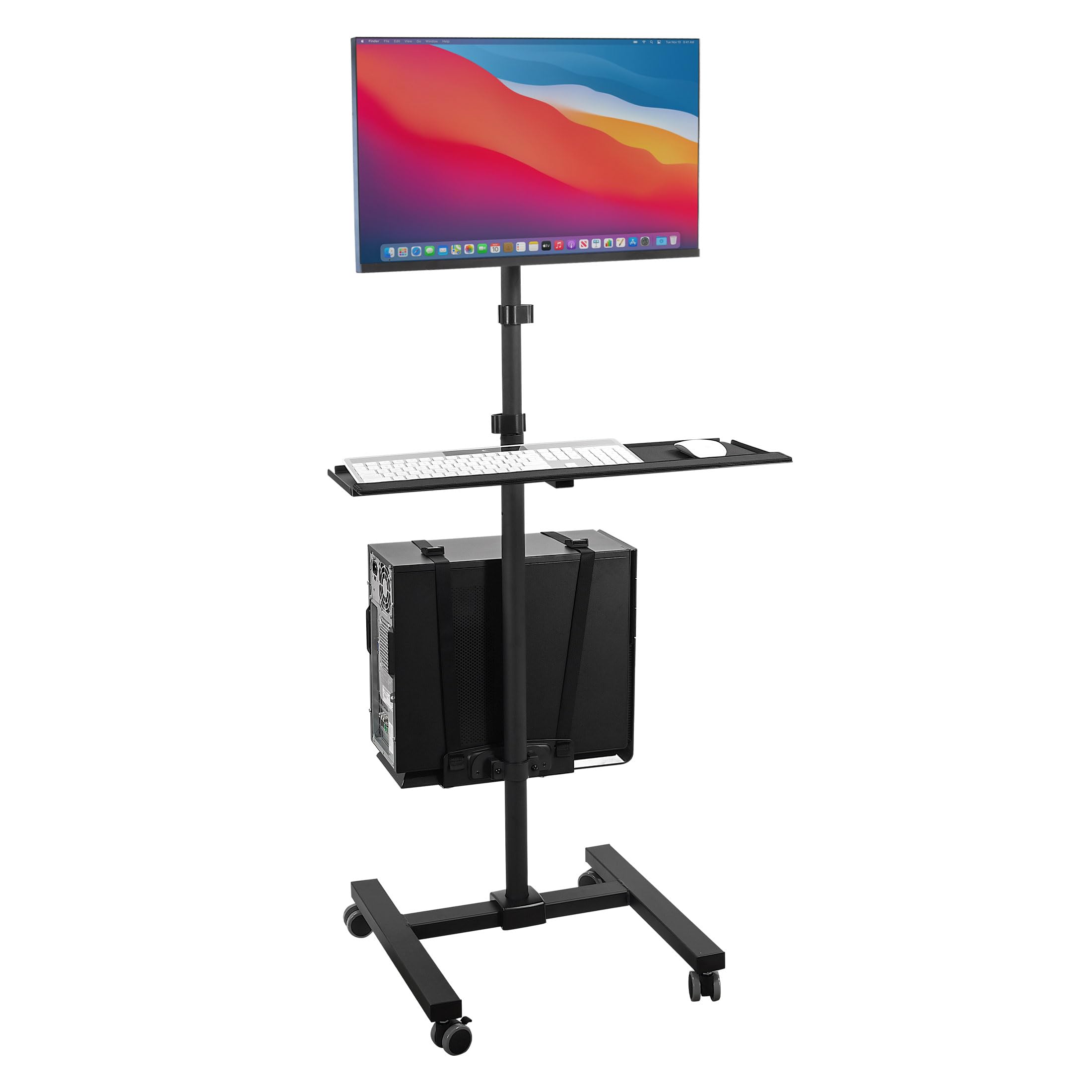 Mount-It! Rolling Computer Cart on Wheels, Mobile Desk Workstation with Monitor Mount for up to 32" Screen, Full Keyboard Tray, Floating Adjustable CPU Holder, Standing up to 70" Tall