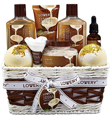 LOVERY Gifts For Women Gift Basket for Women– 9 Piece Set of Vanilla Coconut Home Spa Set, Luxurious Gifts for Her, Bath