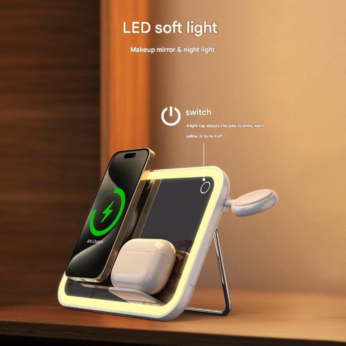 3 in 1 Wireless Charging Vanity Mirror LED Makeup Mirror - WZZHHJ Official Imagery - 7