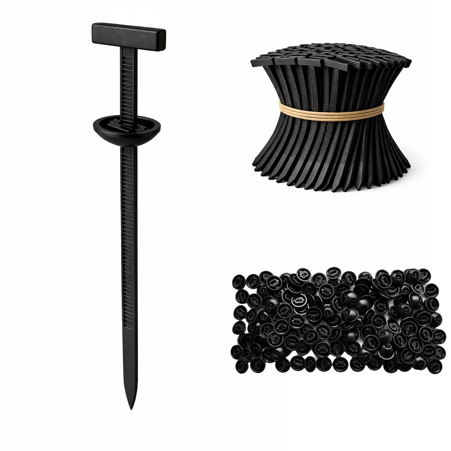 150-pack DUMPILL nylon universal cable tie buckles and zipper clips, T-style zip ties for car organization and cable management.