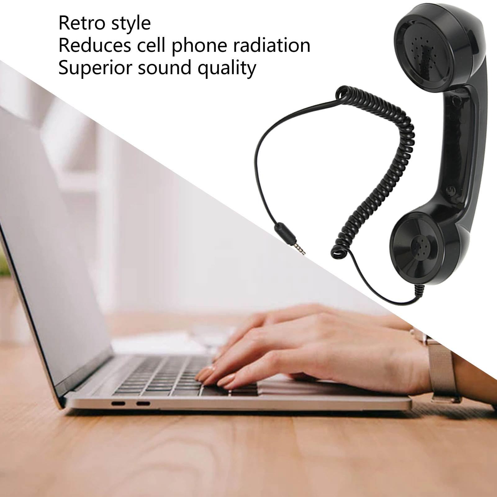 Black Tangxi retro handset for mobile phones and computers, radiation-proof handheld receiver for landline and mobile use.