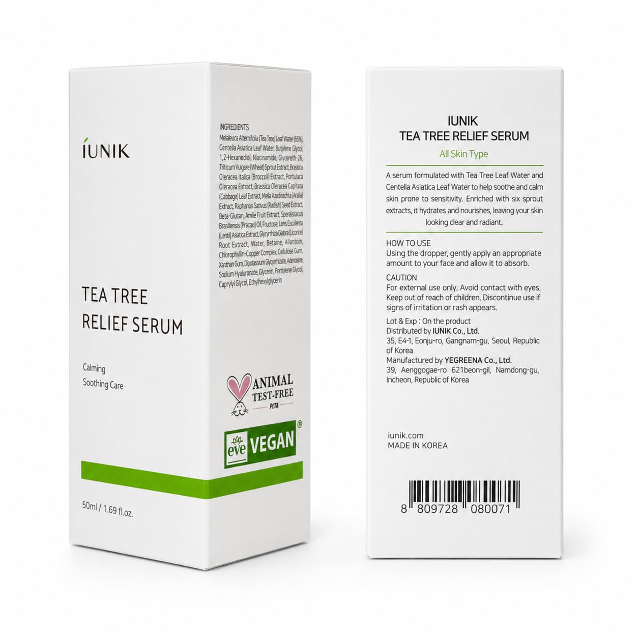 IUNIK Tea Tree Relief Serum calming ampoule bottle, skincare product for soothing and calming skin, 1.69 fl oz.