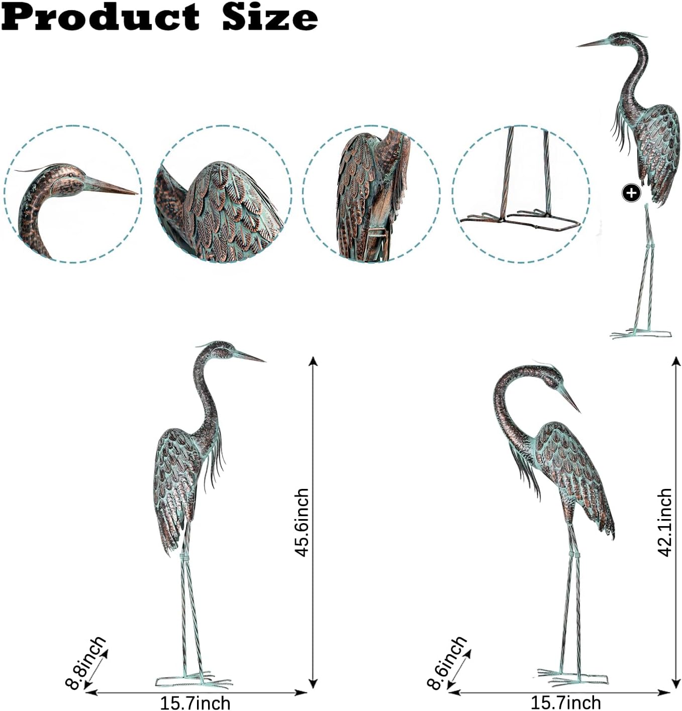 Kircust garden crane statue, standing metal heron decoy with patina finish, outdoor decorative bird sculpture for garden decor