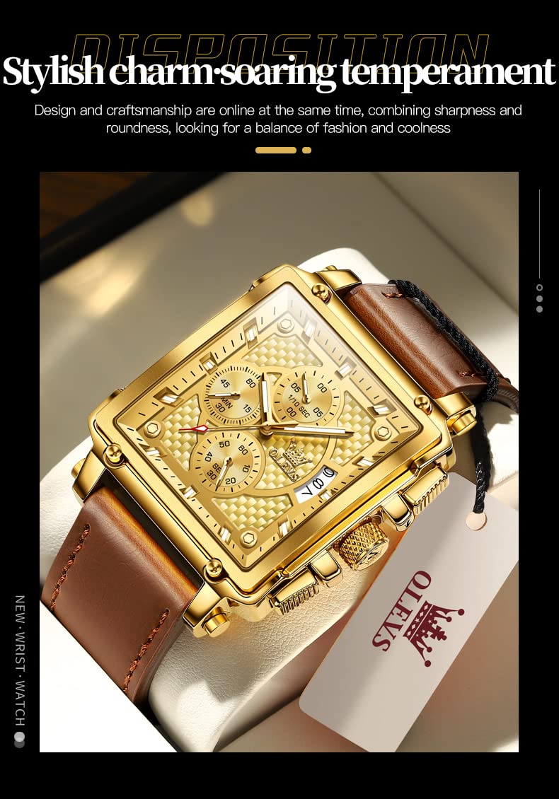 OLEVS Men's Square Chronograph Watch Brown Leather Gold Dial
