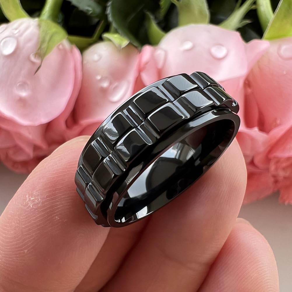 TUTISS 8mm Black Tungsten Spinner Ring for Men & Women