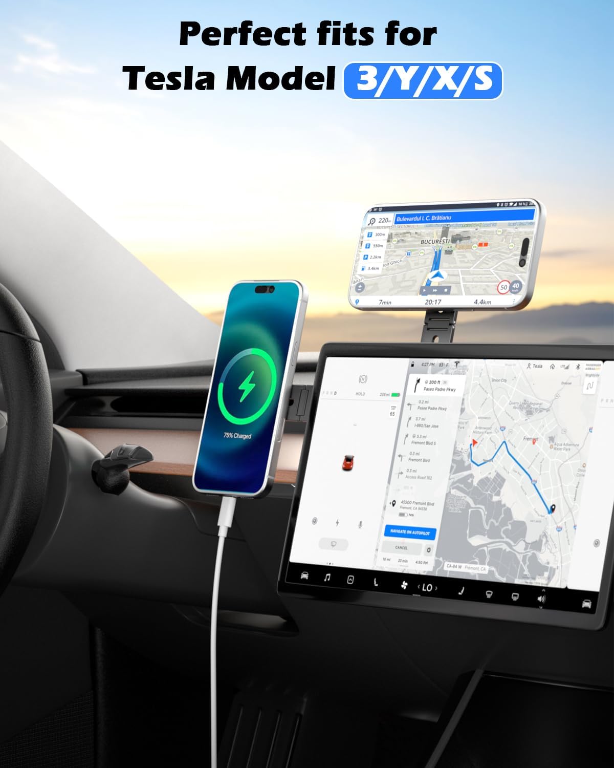CloudValley magnetic portable phone and laptop holder stand in black, fits iPhone models, monitor clamp, compatible with laptops and Tesla.
