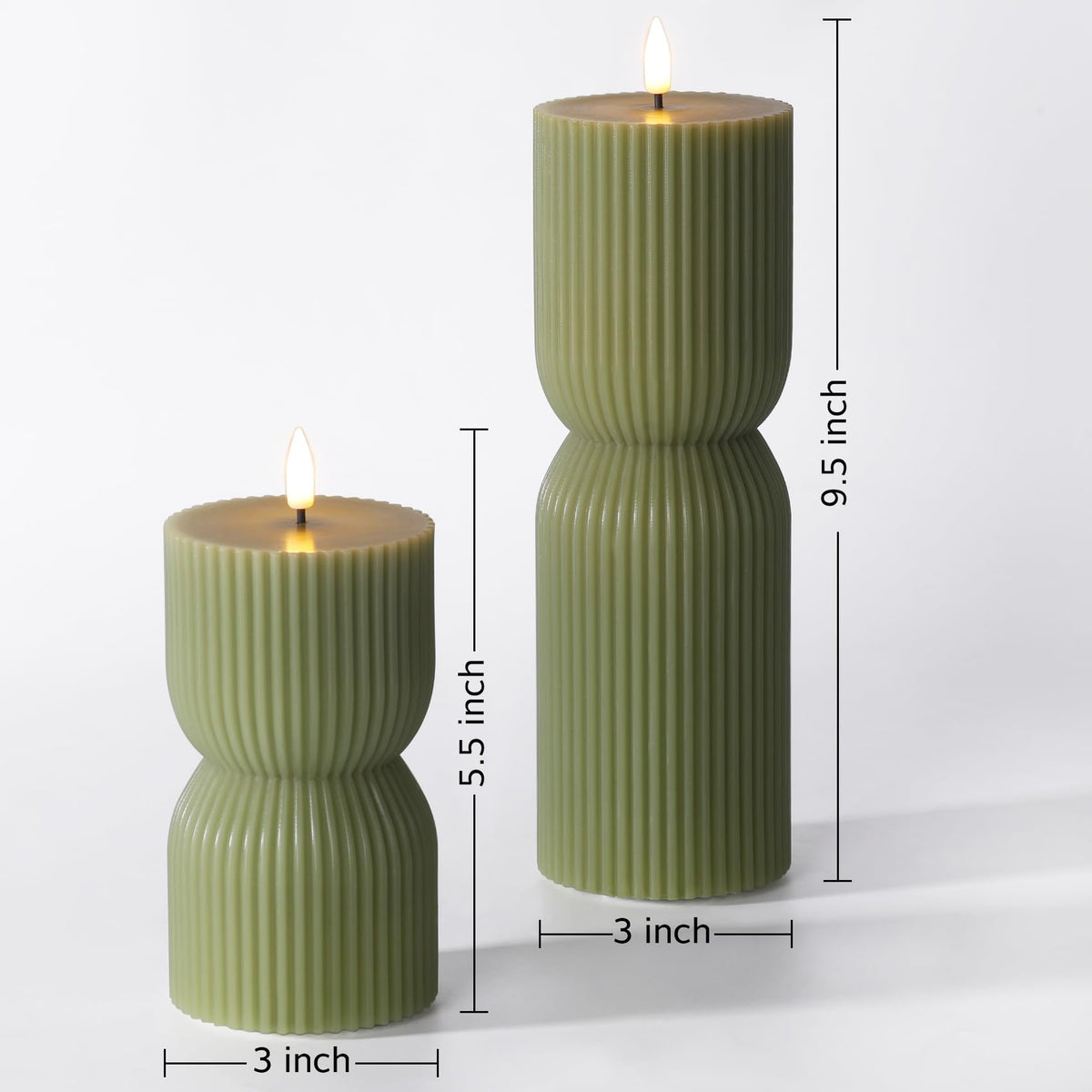 Olive Green Ribbed Flameless Pillar Candles with Remote Set - Girimax Official Imagery - 3