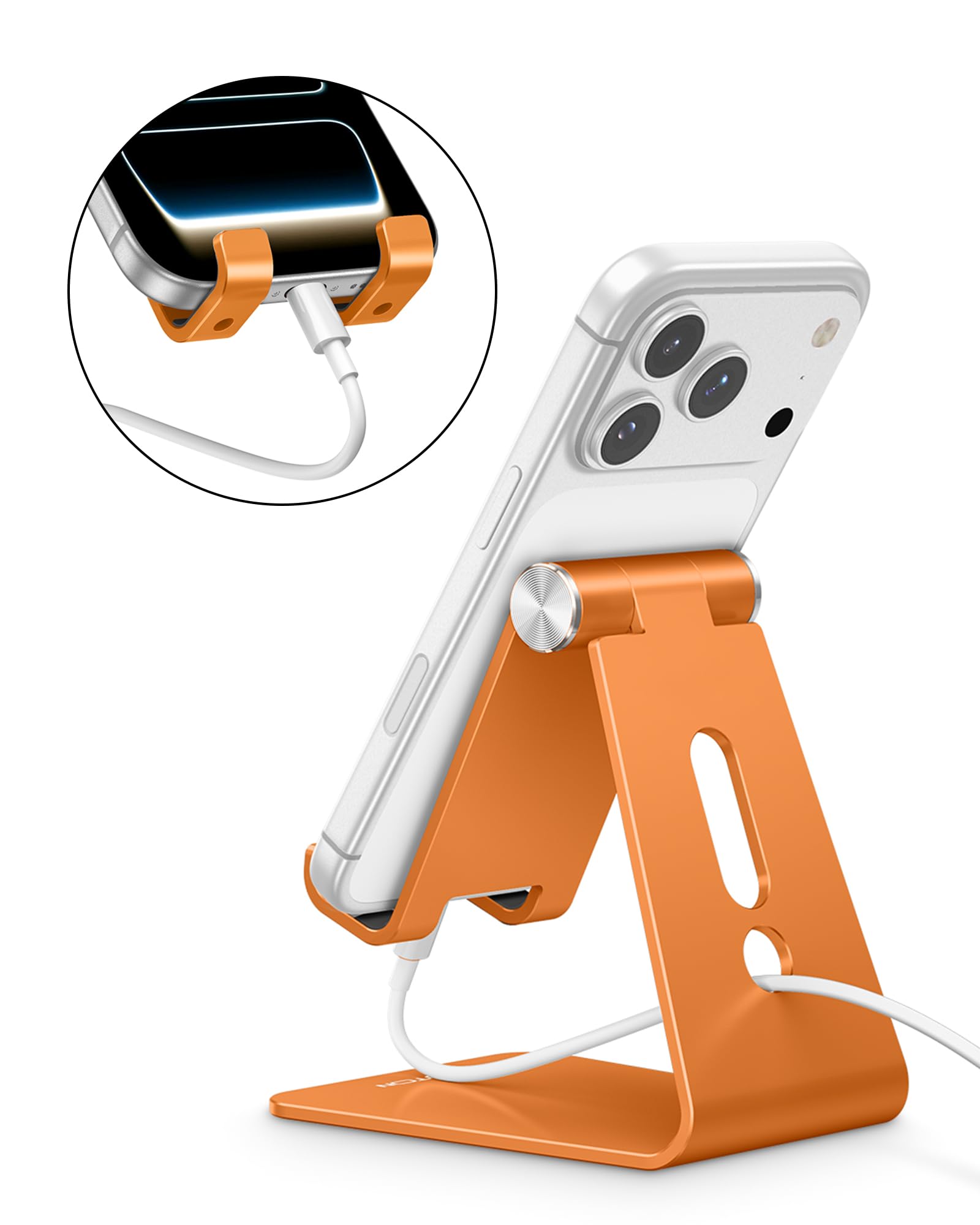 OMOTON Adjustable Cell Phone Stand, Aluminum Desktop Cellphone Stand with Anti-Slip Base and Convenient Charging Port, Fits All Smart Phones, Orange